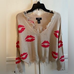 Just Polly V Neck Sweater Pink Lips Distressed Pattern Size M Oversized